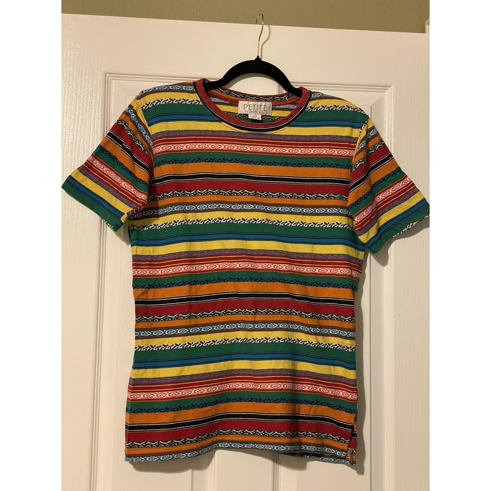 Vintage Petite Sophisticate Shirt Womens Small Multicolor Stripes Crew Neck USA